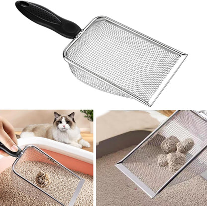 Cat Litter Scoop, Stainless Steel Cats Sturdy Mesh Scooper Kitty Metal Scooper Long Handle Scooper Shovel Sifter for All Litter Types Metal Cat Scooper for Litter Box