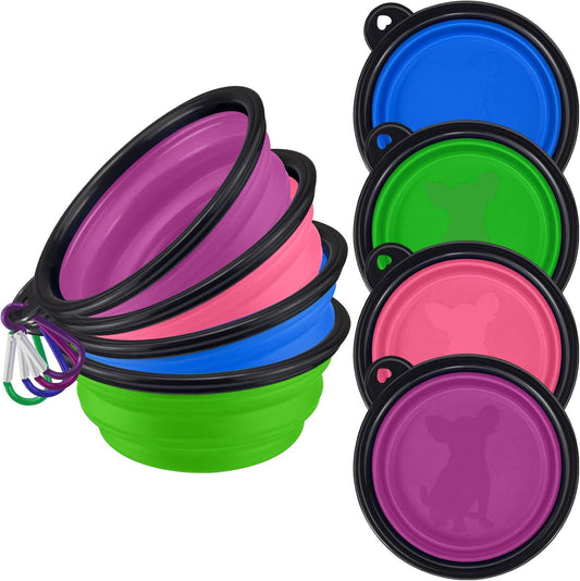 4 Pack Collapsible Dog Bowl Portable Foldable Travel Pets Bowls Cats Water Feeding Food Bowls Silicone Expandable Cup Dish Puppies for Walking Camping Outdoors with Carabiner Clip