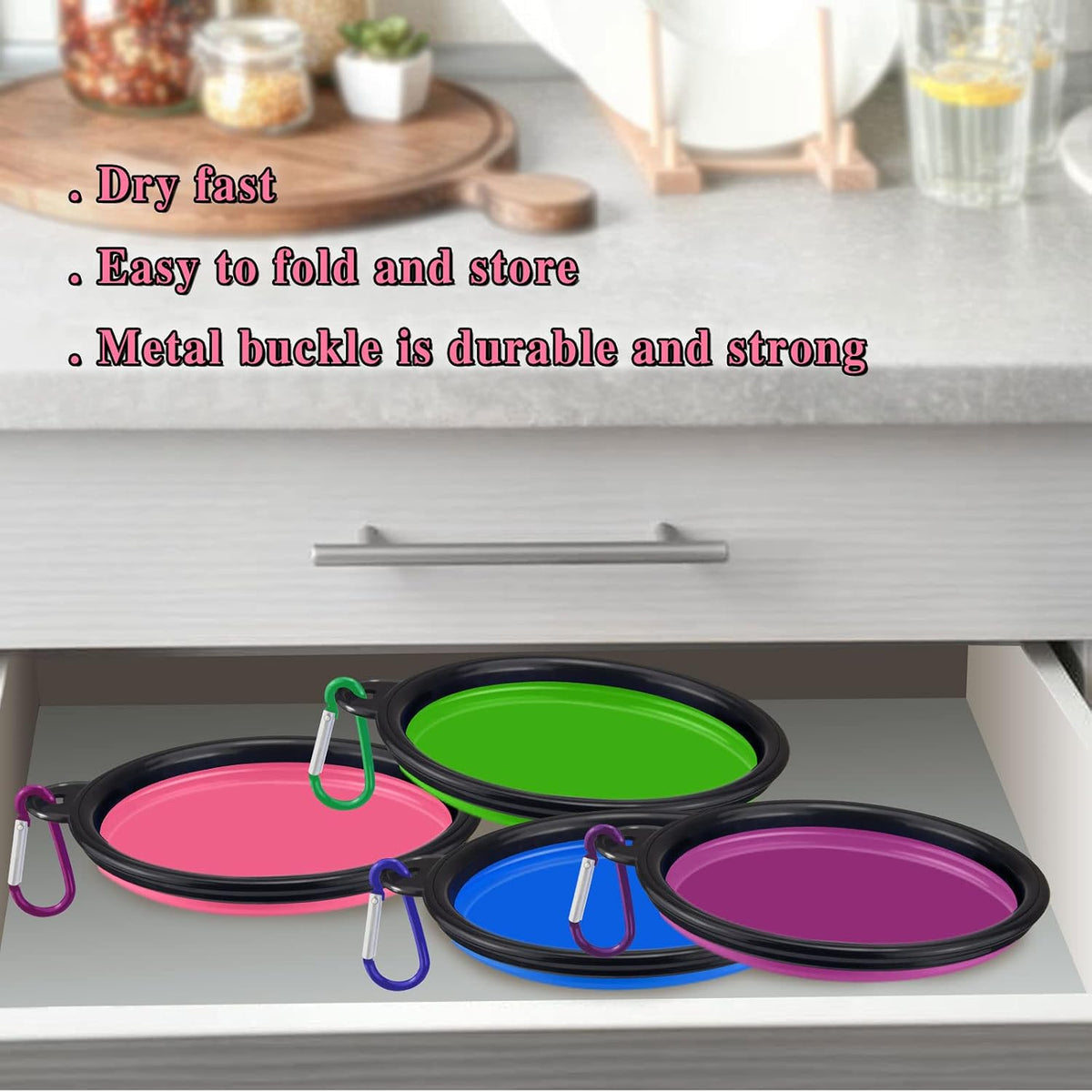 4 Pack Collapsible Dog Bowl Portable Foldable Travel Pets Bowls Cats Water Feeding Food Bowls Silicone Expandable Cup Dish Puppies for Walking Camping Outdoors with Carabiner Clip